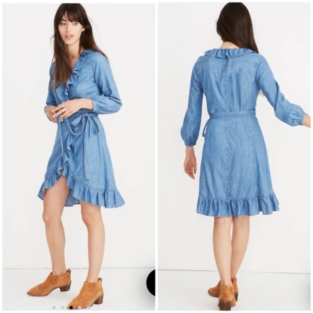 Madewell Light Blue Denim long sleeve Ruffle wrapped mini Dress size S